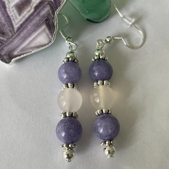 Amethyst Pendant Aquamarine and Agate Beads Necklace and Pierced Earring… - Picture 4 of 7